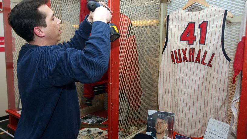 Part of the Joe Nuxhall exhibit is installed at the Reds Hall of Fame and Museum.