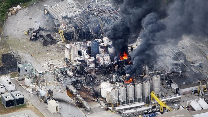 An overnight explosion and fire at the Veolia Environmental Services plant in West Carrollton on May 4, 2009, was still burning the next day. The explosion damaged a major portion of the plant.
