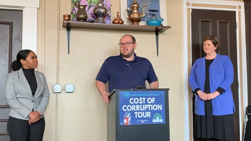 As part of the Ohio Democratic Party’s ‘Cost of Corruption’ tour, Party Chair Elizabeth Walters and two Democratic statewide candidates spoke at Wholly Grounds in Dayton Friday morning. (Left to Right) Democratic Secretary of State candidate Chelsea Clark, State Auditor candidate Taylor Sappington and Walters condemned the Republican-led state government for corruption and costing taxpayers.