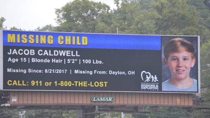 Sugarcreek Twp. police say billboards showing missing teen Jacob Caldwell prompted a tipster to call police, which led to the boy being found in a home in Miami Twp. CONTRIBUTED