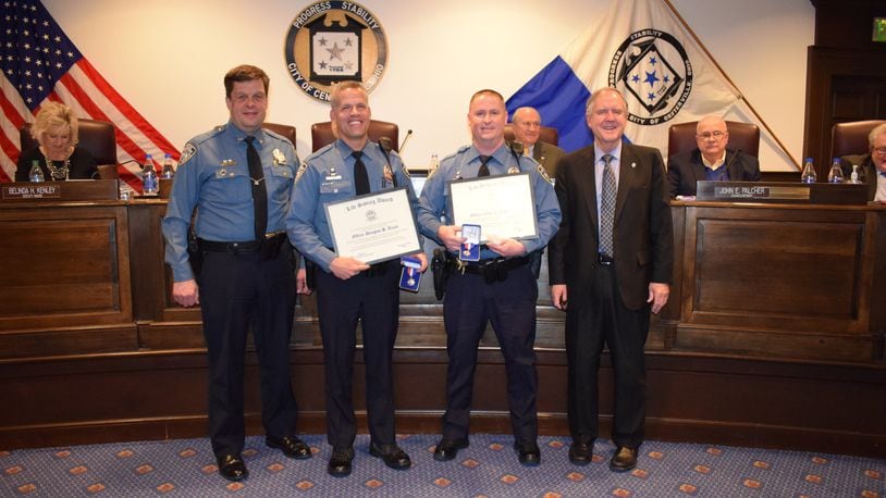 Centerville police officers honored at Monday, January 22, 2018 city council meeting for ‘brave’ and ‘life saving’ actions in 2017. CONTRIBUTED