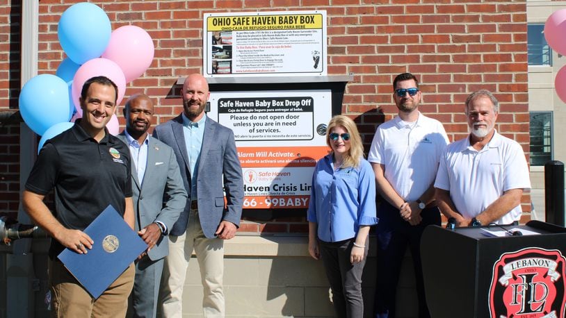 The Safe Haven Baby Box at Lebanon Fire Station 41 which was installed about a year ago was finally put into operation Wednesday. Attending the dedication were state Rep. Adam Mathews, Councilman Breighton Smith, Mayor Mark Messer, and Council members Kristen Eggers, Matt Sellers and Scott Norris. CONTRIBUTED/CITY OF LEBANON