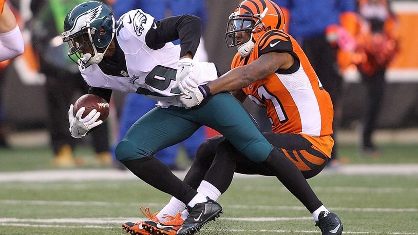 CINCINNATI, OH - DECEMBER 4: Paul Turner #19 of the Philadelphia Eagles is tackled by Darqueze Dennard #21 of the Cincinnati Bengals during the fourth quarter at Paul Brown Stadium on December 4, 2016 in Cincinnati, Ohio. Cincinnati defeated Philadelphia 32-14. (Photo by John Grieshop/Getty Images)