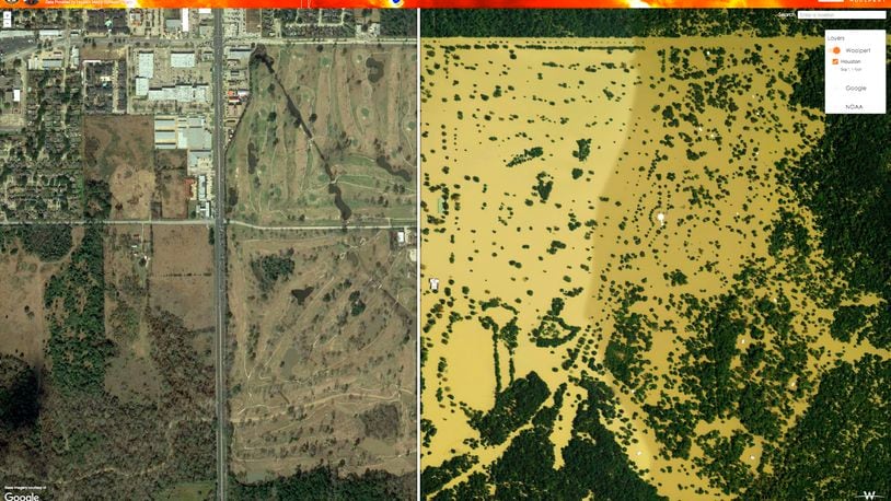 A before- and after-image provided by Woolpert last year of a section of Western Houston affected by flooding from Hurricane Harvey. CONTRIBUTED.