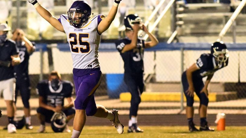 Bellbrook's Ashton Ault celebrates his team's overtime win over Valley View at Barker Field on Friday, Sept. 11, 2020. Nick Falzerano/CONTRIBUTED