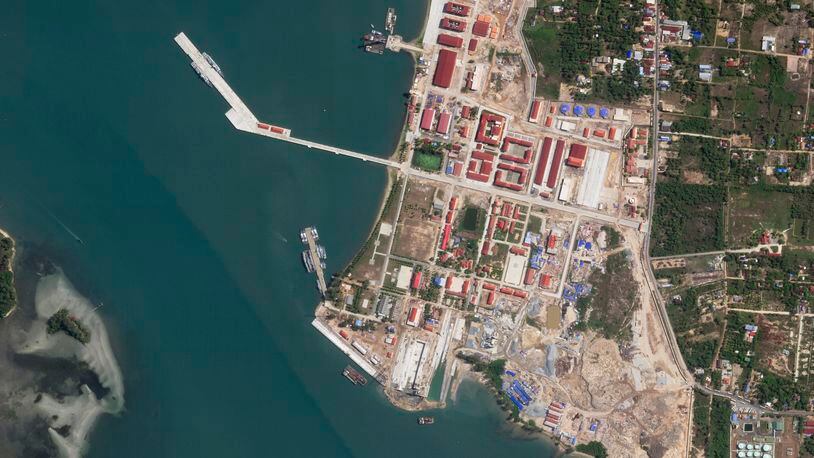 This satellite photo taken by Planet Labs PBC shows two Chinese corvettes docked at the Ream Naval Base on the Gulf of Thailand on Wednesday, May 8, 2024. Cambodia's Defense Ministry insisted Wednesday that the monthslong presence of two Chinese warships at a strategically important naval base that has been newly expanded with funding from Beijing does not constitute a permanent deployment of the Chinese military in the country. (Planet Labs PBC via AP)