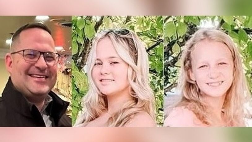 Nathan Johnson, 45, of Fairborn, left, and his two eldest daughters Savannah, 15, center, and Karaline, 13, were tragically killed June 29, 2023, in a crash on Interstate 70 in Guernsey County on the way to a national dance championship in Ocean City, Maryland.