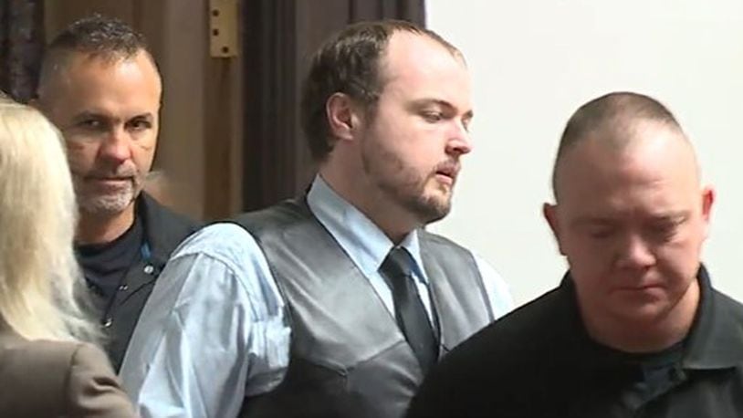 George Wagner IV, middle, is on trial for killing eight members of the Rhoden family in Pike County in April 2016. Here he is seen entering the Waverly courtroom Nov. 2, 2022, more than a month into his trial. WCPO/CONTRIBUTED