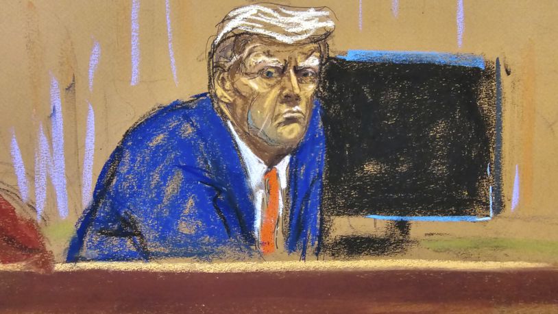 In this courtroom sketch, former President Donald Trump turns to face the audience at the beginning of his trial over charges that he falsified business records to conceal money paid to silence porn star Stormy Daniels in 2016, in Manhattan state court in New York, Monday, April 15, 2024. (Jane Rosenberg/Pool Photo via AP)