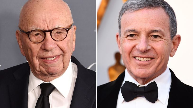 This combination photo shows Fox News chairman and CEO Rupert Murdoch at the WSJ Magazine 2017 Innovator Awards in New York on Nov. 1, 2017, left, and Disney CEO Bob Iger at the Oscars in Los Angeles on March 4, 2018. Disney's $71.3 billion acquisition of Fox's entertainment assets is set to close around 12 a.m. EDT on Wednesday.