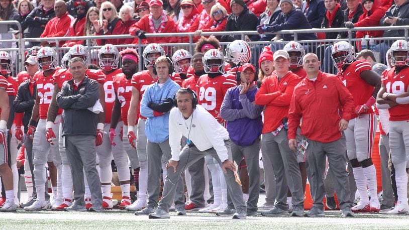 Ohio State’s Urban Meyer watches from the sideline during a game against Minnesota on Saturday, Oct. 13, 2018, at Ohio Stadium in Columbus. David Jablonski/Staff