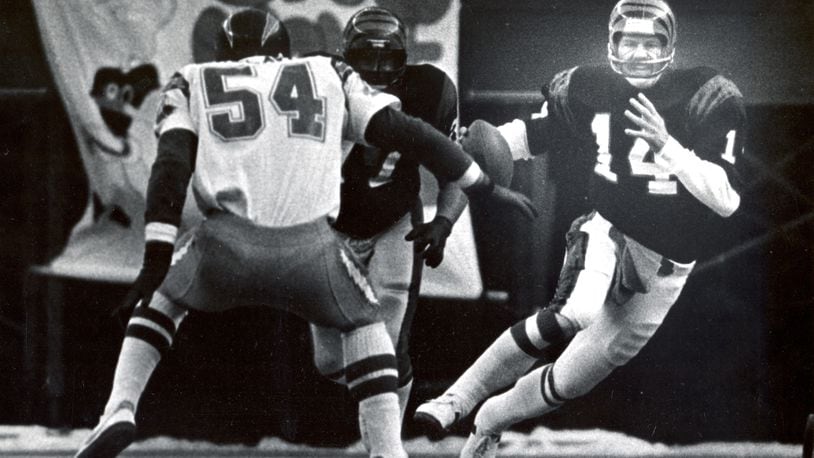 Cincinnati Bengals quarterback Ken Anderson scrambles during the 1981 AFC Championship game against the San Diego Chargers on Jan. 10, 1982. Dayton Daily News file