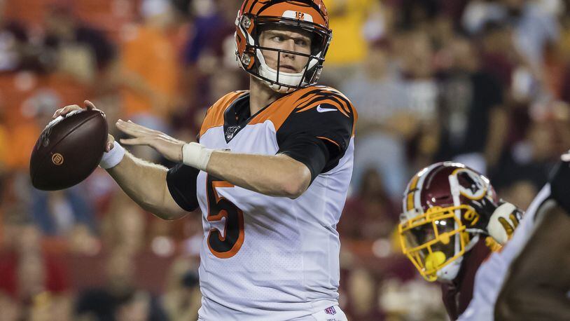 LANDOVER, MD - AUGUST 15: Ryan Finley #5 of the Cincinnati Bengals drops back to pass against the Washington Redskins during the first half of a preseason game at FedExField on August 15, 2019 in Landover, Maryland. (Photo by Scott Taetsch/Getty Images)