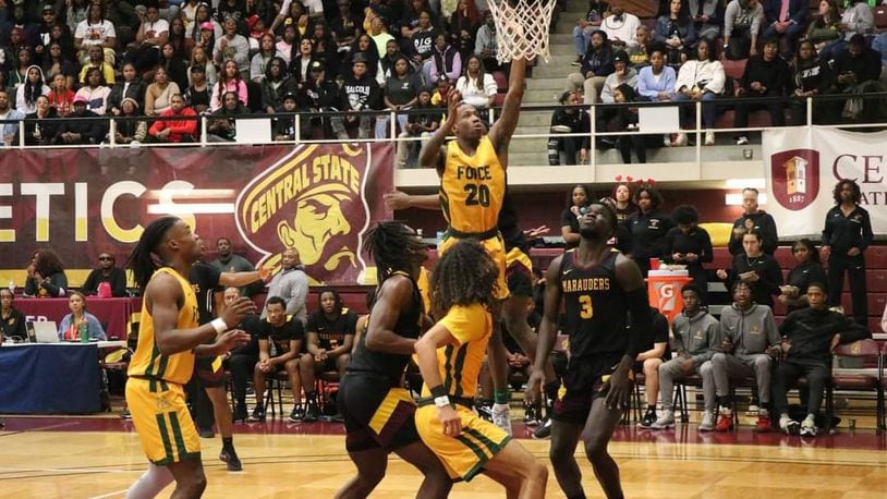 Wilberforce guard Rasaad Pettis scores two of his 16 points Tuesday night in the Bulldogs 91-65 upset of Central State in The Battle of Wilberforce. CSU Athletics photo