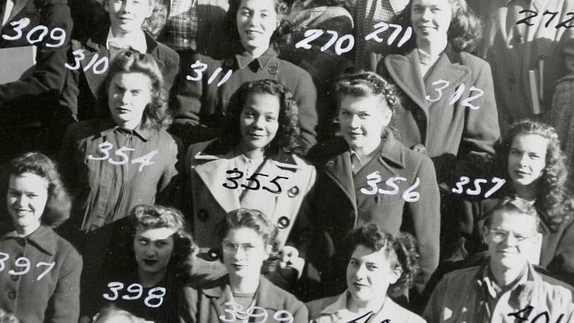 An enlarged section of a class and faculty photo shows Coretta Scott King, marked as 355, taken Nov. 15, 1945, is on display in the library at Antioch College, Tuesday, Feb. 7, 2006, in Yellow Springs, Ohio. King graduated from Antioch College in 1951. (AP Photo/Courtesy Antioch College)