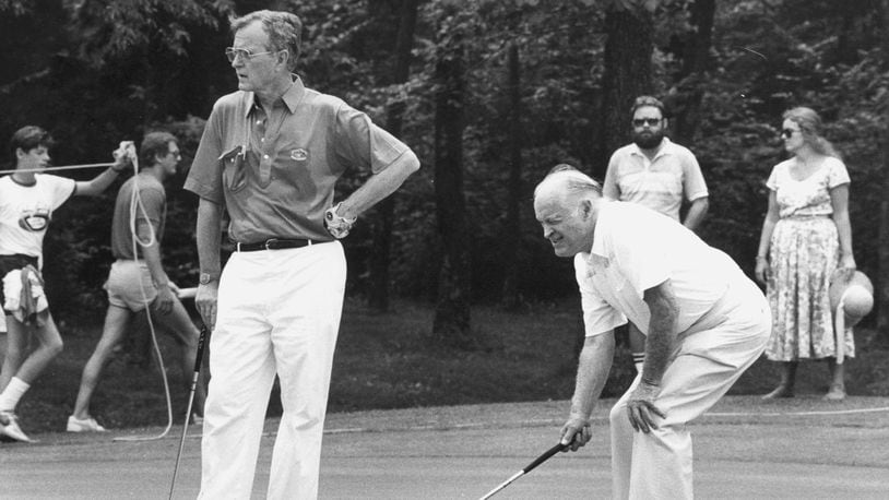 Bob Hope and vice president George H.W. Bush June 9, 1985 at the Bogie Busters Golf Tournament.