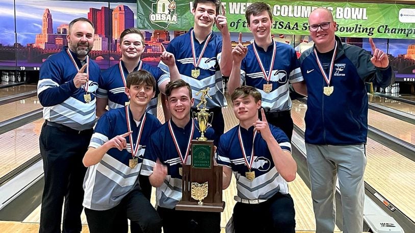 Fairmont High School's boys bowling team won the Division I state championship Saturday in Columbus. Pictured from left, back row: Assistant coach Matt Mahaffey, Colton Mahaffey, Isaiah Shannon, Tyler Stegemoller, Jeremy Fleck. Front row: seniors Dylan Potts, Tyler Milton, Dayton Foster. CONTRIBUTED