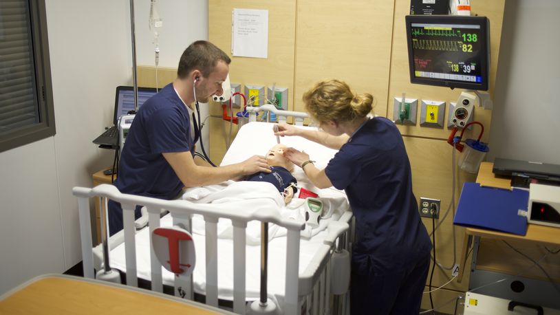 Cedarville nursing students work in a simulation lab. The university is working toward adding a doctorate of nursing practice degree. CONTRIBUTED