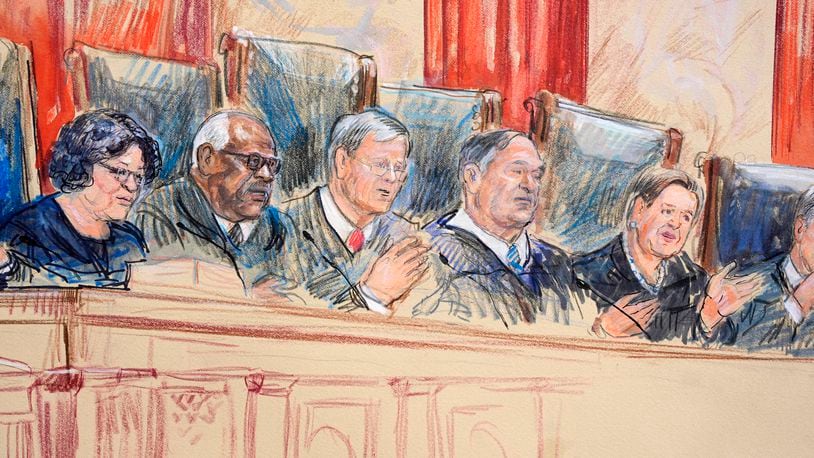 This artist sketch depicts, from left, Associate Justice Sonia Sotomayor, Associate Justice Clarence Thomas, Chief Justice of the United States John Roberts, Associate Justice Samuel Alito, and Associate Justice Elena Kagan at the Supreme Court during arguments over whether former President Donald Trump is immune from prosecution in a case charging him with plotting to overturn the results of the 2020 presidential election, on Capitol Hill in Washington, Thursday, April 25, 2024. (Dana Verkouteren via AP)