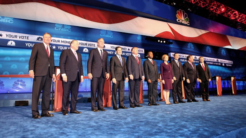 CNBC EVENTS -- The Republican Presidential Debate: Your Money, Your Vote -- Pictured: (l-r) John Kasich, Mike Huckabee, Jeb Bush, Marco Rubio, Donald Trump, Ben Carson, Carly Fiorina, Ted Cruz, Chris Christie, and Rand Paul participate in CNBC's "Your Money, Your Vote: The Republican Presidential Debate" live from the University of Colorado Boulder in Boulder, Colorado Wednesday, October 28th at 6PM ET / 8PM ET -- (Photo by: Jason Bahr/CNBC/NBCU Photo Bank via Getty Images)