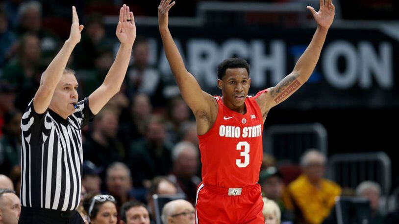 CHICAGO, ILLINOIS - MARCH 15:  C.J. Jackson #3 of the Ohio State Buckeyes reacts in the first half against the Michigan State Spartans during the quarterfinals of the Big Ten Basketball Tournament at the United Center on March 15, 2019 in Chicago, Illinois. (Photo by Dylan Buell/Getty Images)