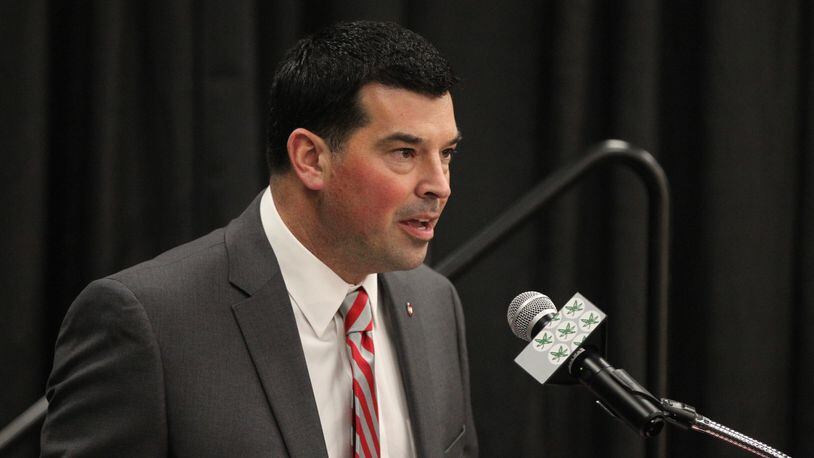 Ohio State’s Ryan Day speaks at a press conference at the Fawcett Center on Tuesday, Dec. 4, 2018, in Columbus. David Jablonski/Staff