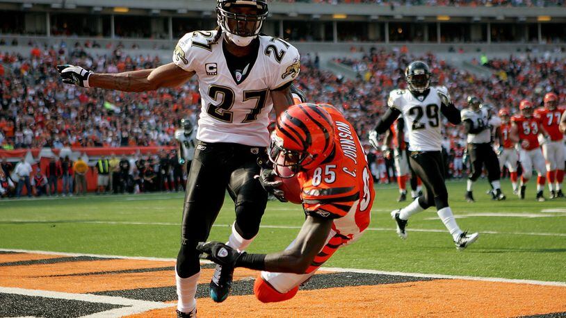 Chad Johnson of the Bengals catches a pass for a touchdown against Rashean Mathis of the Jaguars at Paul Brown Stadium on November 2, 2008.