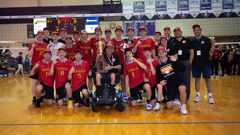 Fenwick High School won its second state volleyball title this year. Pete Ehrlich, who was diagnosed with ALS two years ago, coached the Falcons to their first title since 2013. He died this morning, the school announced. PHOTO BY JTH PHOTOGRAPHY
