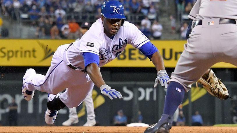 The Kansas City Royals' Lorenzo Cain reaches third on a triple in the seventh inning, the Royals' first hit of the game, against the Houston Astros at Kauffman Stadium in Kansas City, Mo., on Thursday, June 8, 2017. (John Sleezer/Kansas City Star/TNS)