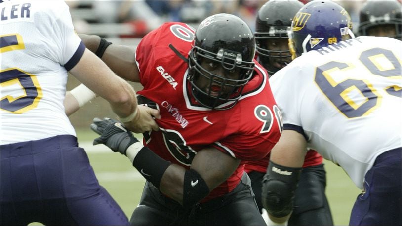 Trent Cole, University of Cincinnati defensive end from Xenia
What: lead art for zone 4 sports for Oct. 2