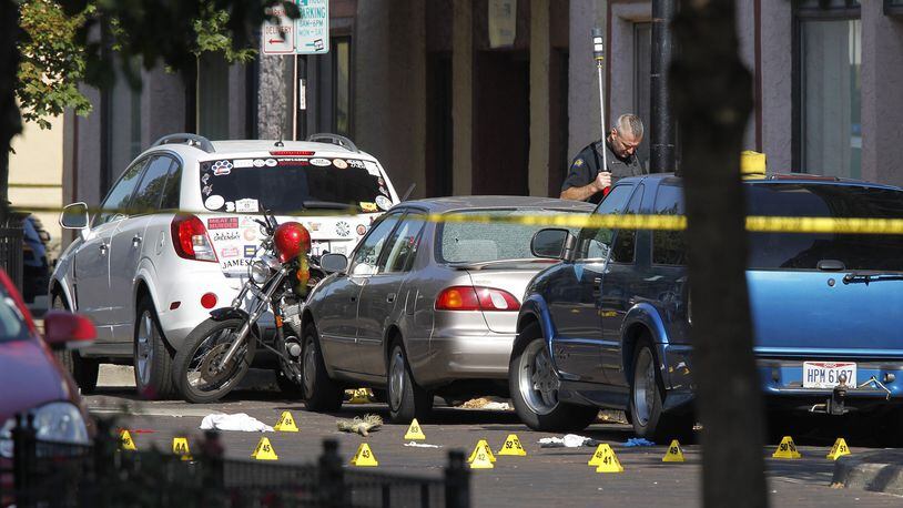 Scene in the Oregon District where 10 people were killed, including the shooter, in a mass shooting that also injured more than two dozen others. The shooting took place in the 400 block of East Fifth Street at 1:07 a.m. TY GREENLEES / STAFF