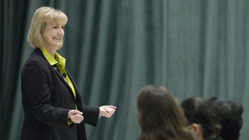 Cheryl Schrader speaks during a visit to Wright State University.