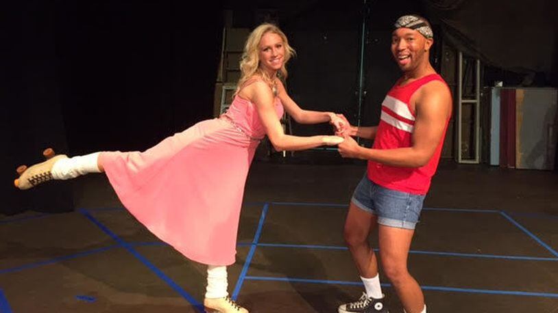 Ellie Krug and Desmond Thomas portray charming lovebirds Clio/Kira and Sonny Malone in the Dayton Playhouse’s local premiere of the 2008 Tony Award-nominated musical comedy “Xanadu,” based on the campy 1980 film musical, continuing through Feb. 5. CONTRIBUTED