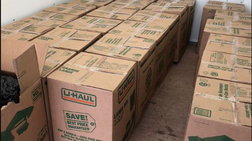 An estimated 510 pounds of marijuana was found in these boxes, taken off a truck by state troopers during a traffic stop Nov. 5, 2018 on the Ohio Turnpike. PHOTO (Courtesy/Ohio State Highway Patrol)