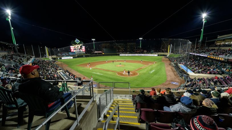 The Dayton Dragons and Lansing Lugnuts both played their opening games of the 2024 season on Friday, Apr. 5 at Day Air Ballpark in downtown Dayton. A crowd of 8,328 were in attendance. TOM GILLIAM/CONTRIBUTING PHOTOGRAPHER