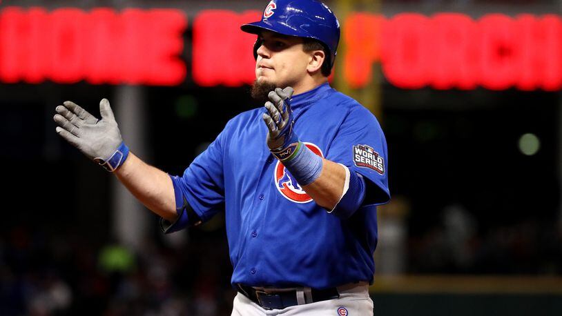 CLEVELAND, OH - OCTOBER 26: Kyle Schwarber #12 of the Chicago Cubs reacts after hitting an RBI single to score Ben Zobrist #18 (not pictured) during the fifth inning against the Cleveland Indians in Game Two of the 2016 World Series at Progressive Field on October 26, 2016 in Cleveland, Ohio. (Photo by Ezra Shaw/Getty Images)