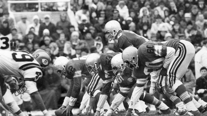 The Rex Kern-led Ohio State offense, flanked by Jan White (80) on the end, lines up against Purdue in 1969.