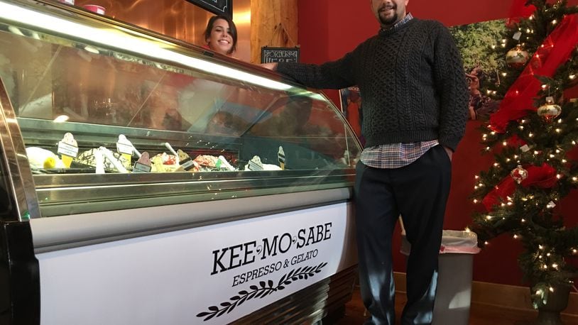 Jeremy Green and Megan Buckle at the counter of Kee-Mo-Sabe Espresso & Gelato in Cobblestone Village in Waynesville.