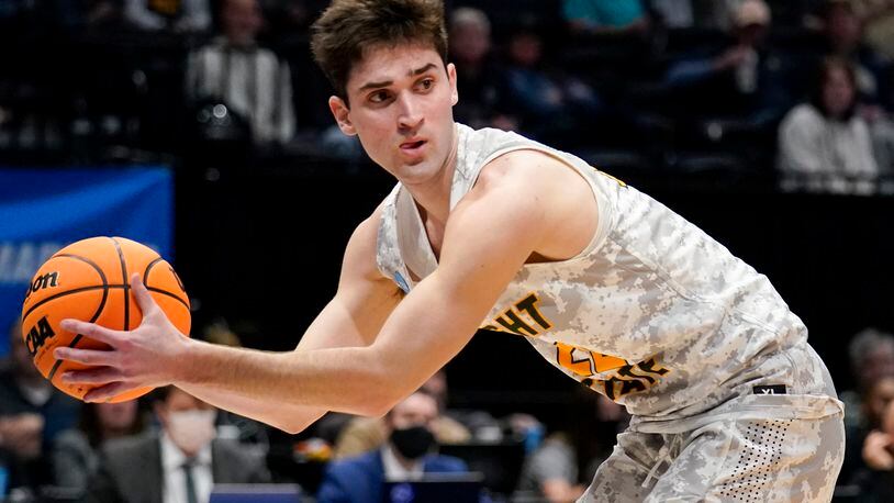 Wright State's Andrew Welage keeps the ball inbounds during the first half of a First Four game in the NCAA men's college basketball tournament against Bryant, Wednesday, March 16, 2022. Welage scored 16 points in the Raiders' win over Defiance on Thursday night. (AP Photo/Jeff Dean)