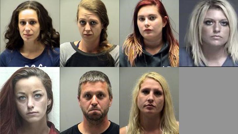 The first set of jail mug shots associated with raids Thursday at Harrison Twp. strip clubs have been released. All were apprehended at The Harem. Top row: Anna Michelle Barnes, Sarah June Barnes, Kayla Olivia Hatton and Leslie Masters. Bottom row: Jessica Morefield, John Perrette and Jennifer Rowland. Perrette was arrested on a potential charge of disorderly conduct. Anna Barnes, Sarah Barnes,  Hatton and Rowland were arrested for suspected illegal sexual activity and drug trafficking. Masters and Morefield were arrested on detainers from other jurisdictions. MONTGOMERY COUNTY JAIL