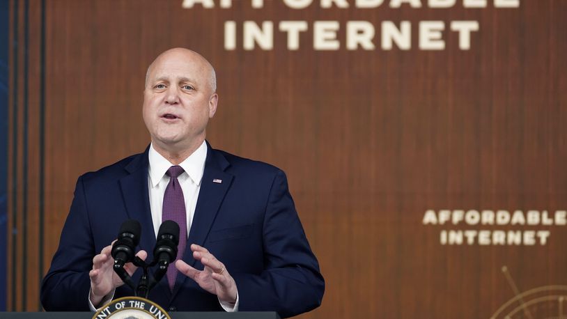 White House infrastructure coordinator Mitch Landrieu talks about the infrastructure law's investments in affordable, accessible high-speed internet from the South Court Auditorium on the White House complex in Washington, Monday, Feb. 14, 2022. (AP Photo/Susan Walsh)