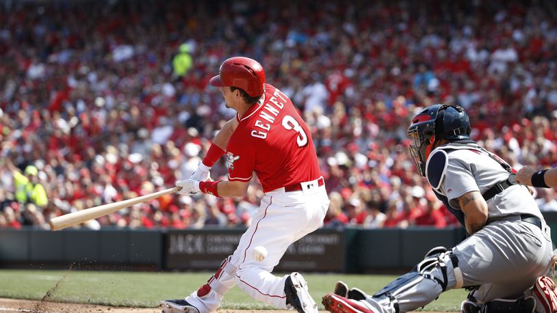 CINCINNATI, OH - JUNE 09: Scooter Gennett #3 of the Cincinnati Reds strikes out swinging in the first inning against the St. Louis Cardinals at Great American Ball Park on June 9, 2018 in Cincinnati, Ohio. The Cardinals won 6-4. (Photo by Joe Robbins/Getty Images)