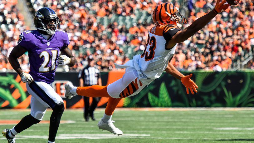The Cincinnati Bengals wide receiver Tyler Boyd tries to make a diving catch during their 20-0 loss to the Baltimore Ravens Sunday, Sept. 10 at Paul Brown Stadium in Cincinnati. NICK GRAHAM/STAFF