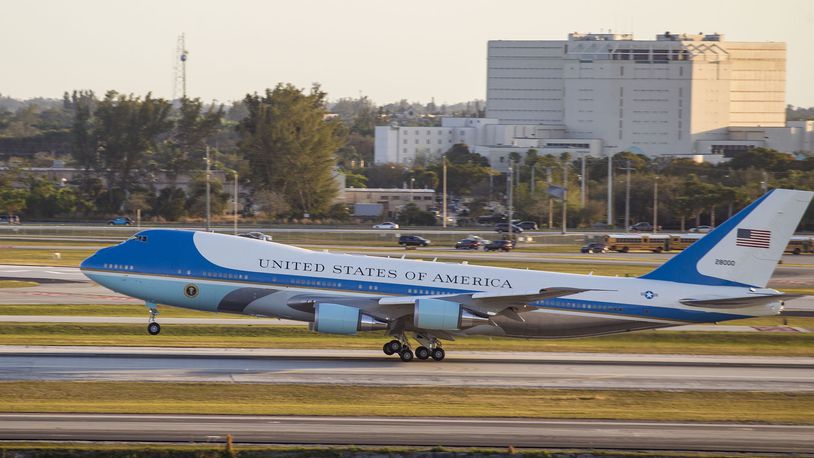 President Donald Trump departs on Air Force One at Palm Beach International Airport on February 12, 2017.  (Richard Graulich / The Palm Beach Post)