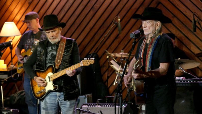 Merle Haggard and Willie Nelson taping the “Inside Arlyn” pilot at Arlyn Studios in November 2014. Photo by Gary Miller/courtesy of Arlyn Studios