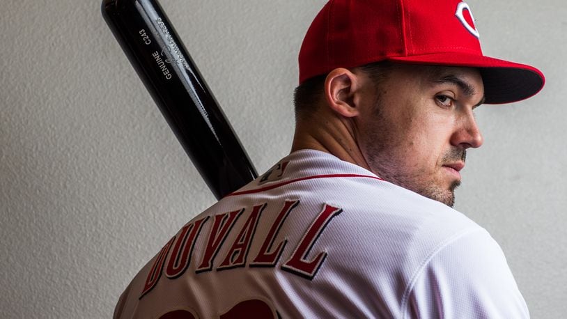 Adam Duvall #23 of the Cincinnati Reds poses for a portrait at the Cincinnati Reds Player Development Complex on February 20, 2018 in Goodyear, Arizona. (Photo by Rob Tringali/Getty Images)