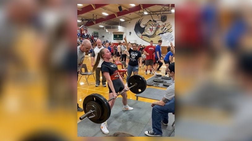 Ayeva Tilley at the moment she set the state deadlift record in Kenton earlier this month. Although the Tippecane High junior weighs less than 115 pounds she deadlifted 305 pounds. CONTRIBUTED