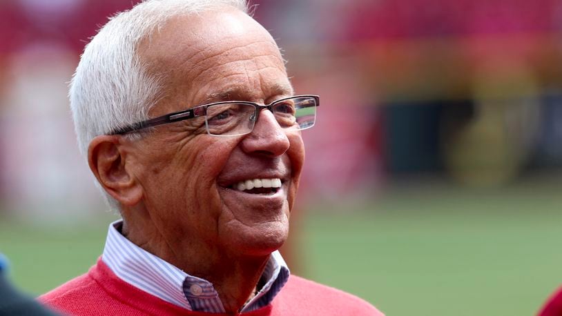 Reds radio announcer Marty Brennaman talks with friends during during opening day festivities at Great American Ball Park, Monday, April 1, 2013. GREG LYNCH / STAFF