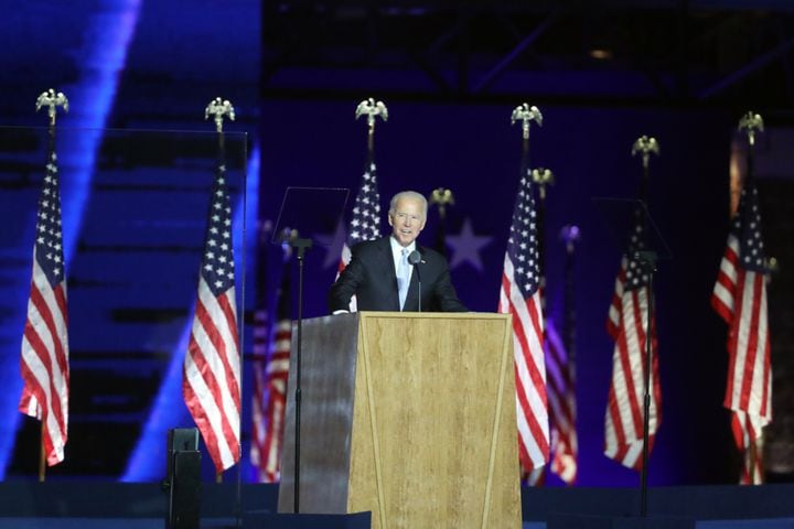 President-elect Joe Biden speaks in Wilmington, Del., on Saturday night, Nov. 7, 2020. (Amr Alfiky/The New York Times)