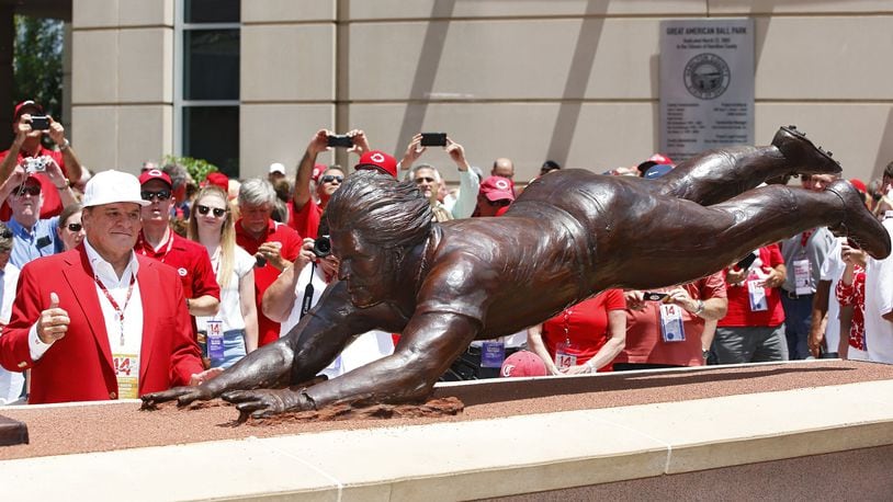 CINCINNATI, OH - JUNE 17: Former Cincinnati Reds great Pete Rose stands alongside a statue outside Great American Ball Park during a dedication ceremony prior to a game against the Los Angeles Dodgers on June 17, 2017 in Cincinnati, Ohio. (Photo by Joe Robbins/Getty Images)